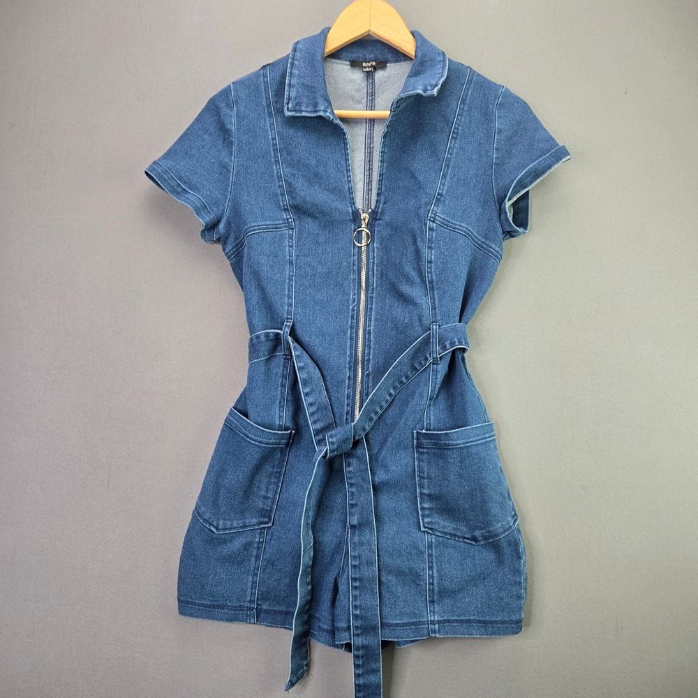 Blashe Denim Romper Full Zip Tie Waist Size L Blue Short Sleeve Utility Pockets